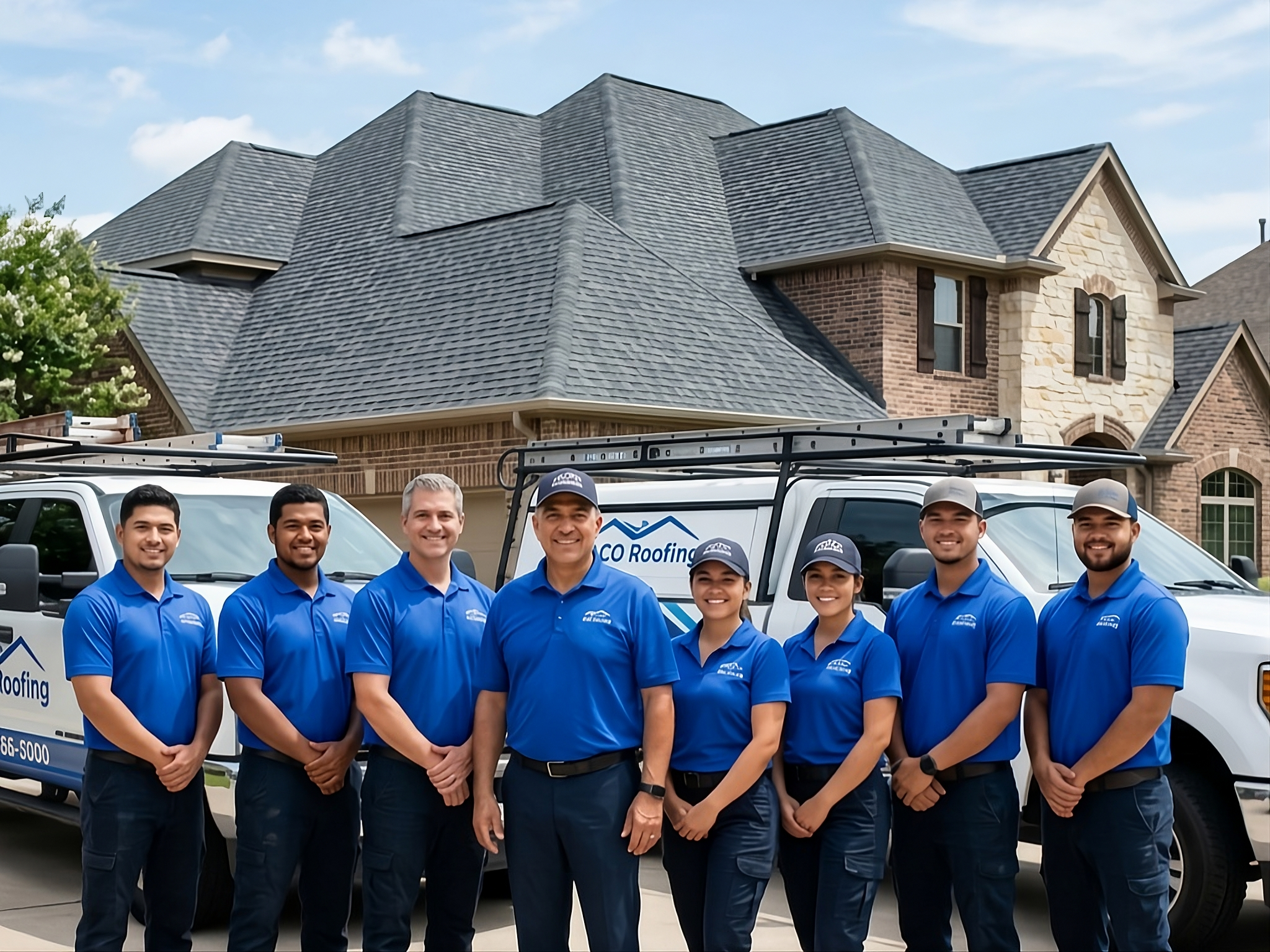ACO Roofing and Gutters team standing together proudly in front of company trucks and a newly completed roof