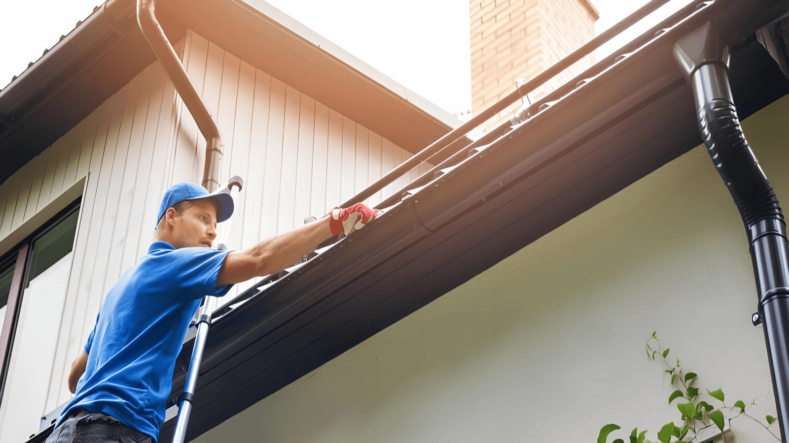 Newly configured premium seamless aluminum gutter line running parallel along roof trim