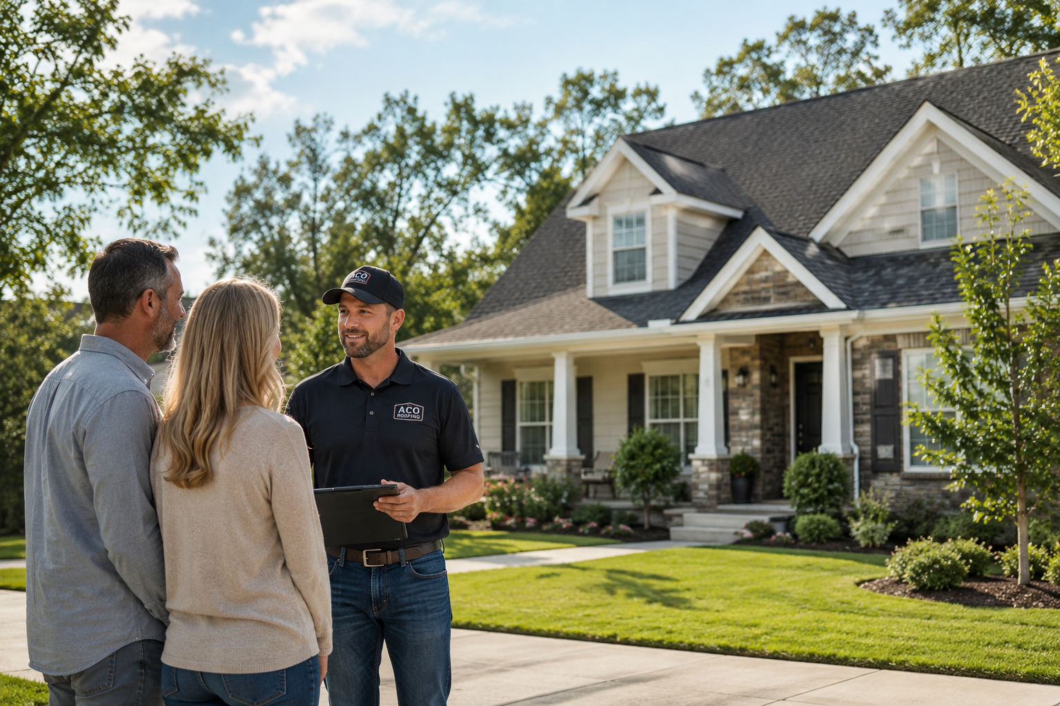 ACO Roofing team member consulting with a homeowner